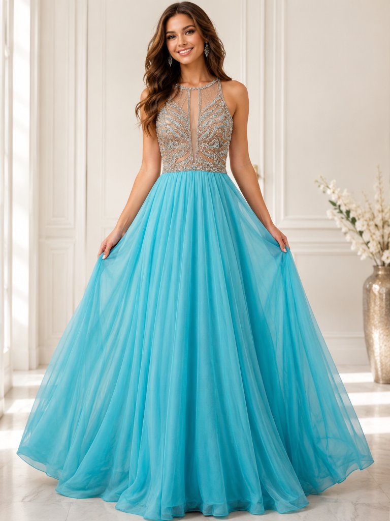 Rachel Allan Aqua Beaded Prom Gown Illusion Neck Sleeveless Pageant Formal Dress